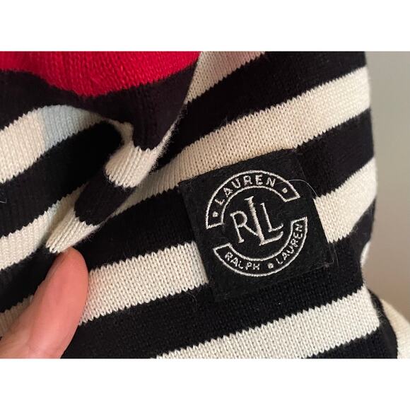 Lauren Ralph Lauren Cotton Red, White Black Stripe 1/4 Zip Sweater, Preppy, M - Picture 6 of 11